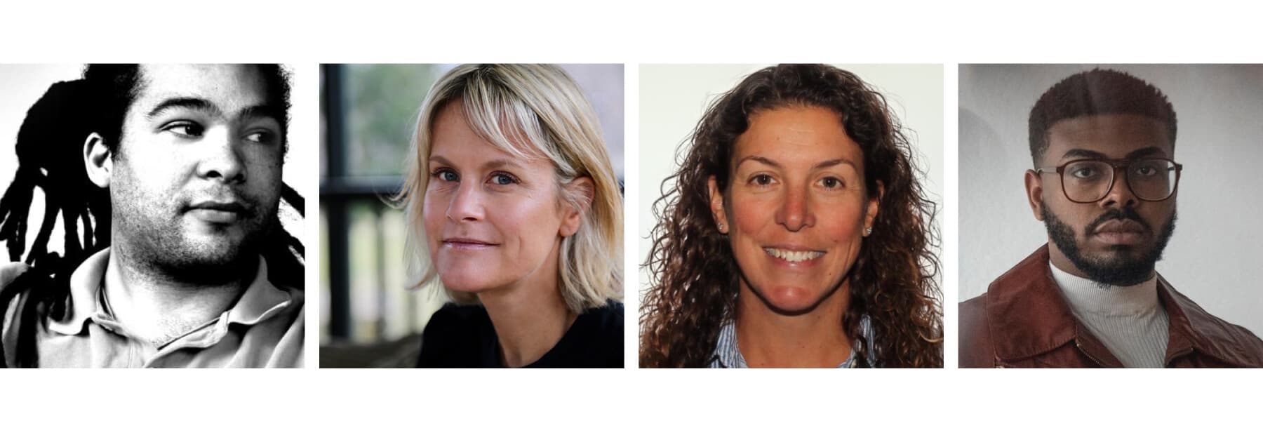 From left to right: A black and white photo of a smiling man with dark hair, a light-skinned blonde woman smiling at the camera, a light-skinned and dark-haired woman smiling at the camera, and a dark-skinned man with glasses and a beard looking at the camera.